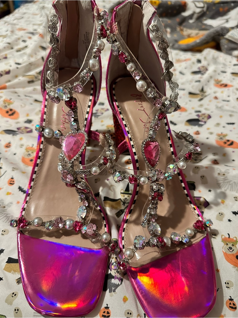 Betsey Johnson Astrid Pink Jeweled T-Strap Block Heel Sandals - Picture 8 of 10